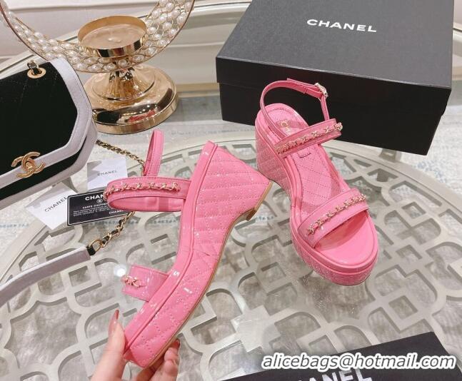 Affordable Price Chanel Patent Leather Wedge Sandals with Chain 030451 Light Pink