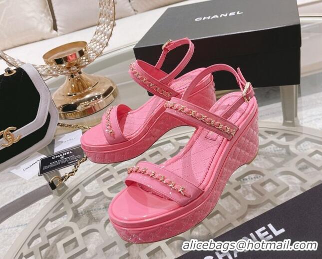 Affordable Price Chanel Patent Leather Wedge Sandals with Chain 030451 Light Pink