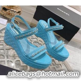 Best Price Chanel Patent Leather Wedge Sandals with Chain 030451 Blue