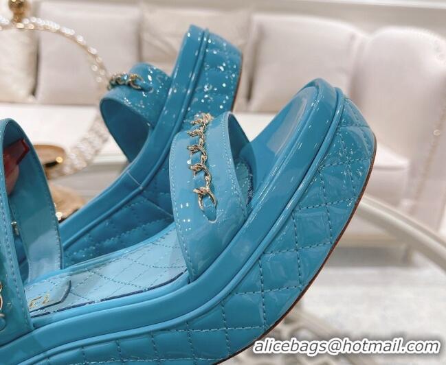 Best Price Chanel Patent Leather Wedge Sandals with Chain 030451 Blue