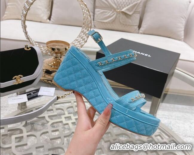 Best Price Chanel Patent Leather Wedge Sandals with Chain 030451 Blue