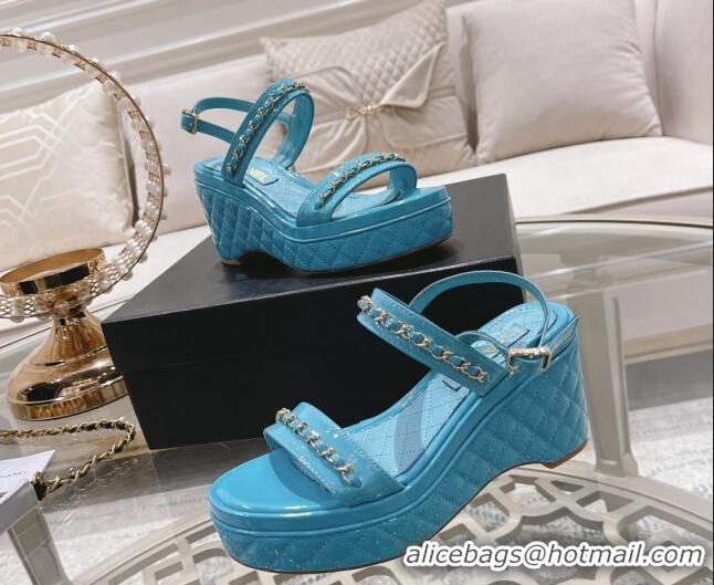 Best Price Chanel Patent Leather Wedge Sandals with Chain 030451 Blue