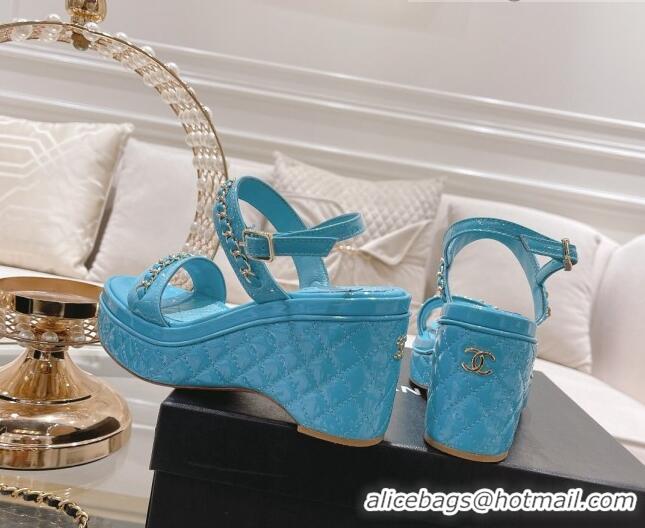 Best Price Chanel Patent Leather Wedge Sandals with Chain 030451 Blue