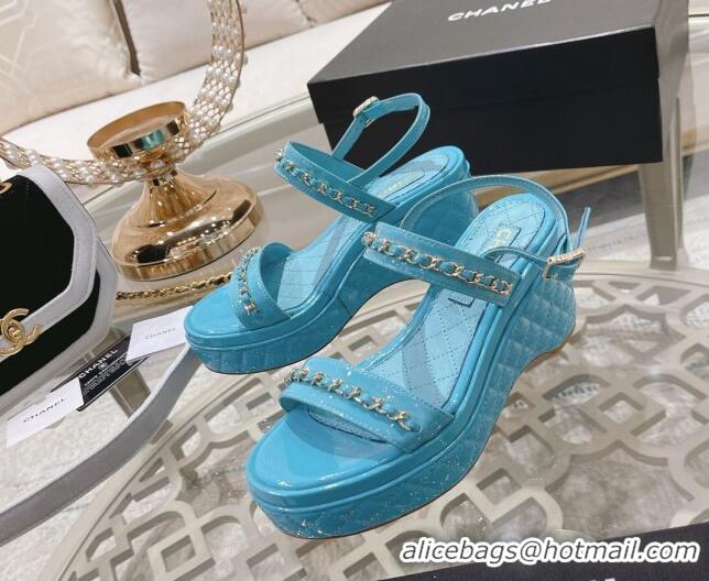 Best Price Chanel Patent Leather Wedge Sandals with Chain 030451 Blue