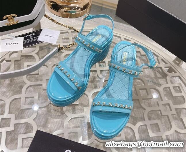 Best Price Chanel Patent Leather Wedge Sandals with Chain 030451 Blue