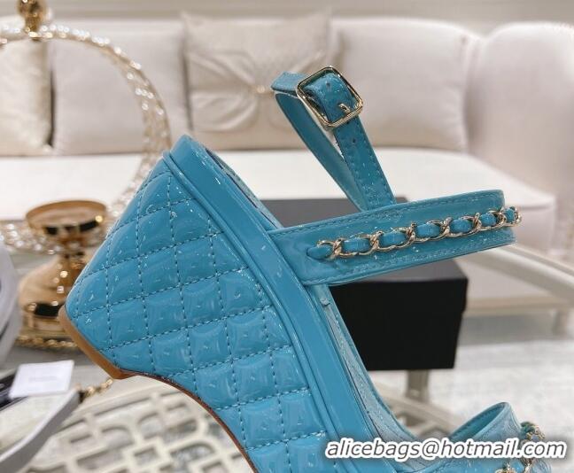 Best Price Chanel Patent Leather Wedge Sandals with Chain 030451 Blue