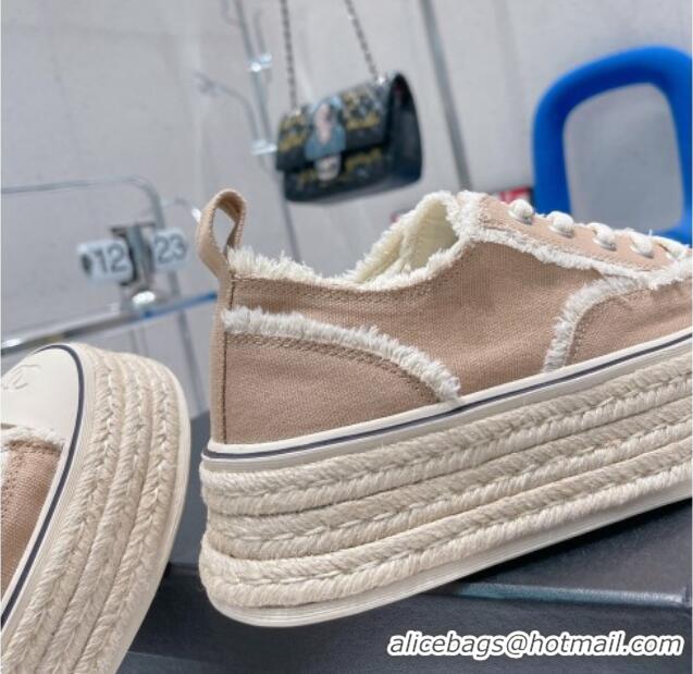 Stylish Chanel Canvas Platform Sneakers 5cm Beige 030462