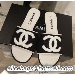 Top Quality Chanel Tweed Flat Slide Sandals 030511 Black/White