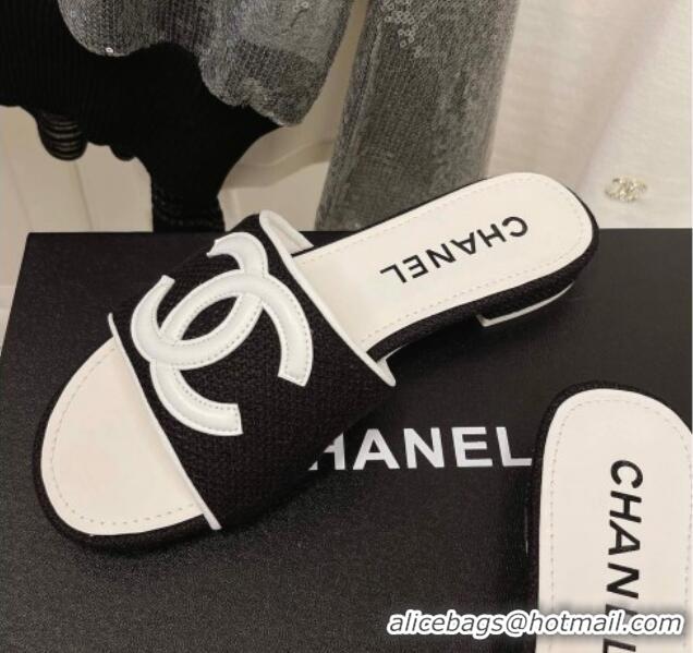 Top Quality Chanel Tweed Flat Slide Sandals 030511 Black/White