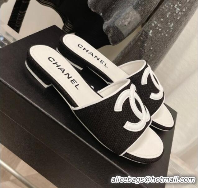 Top Quality Chanel Tweed Flat Slide Sandals 030511 Black/White