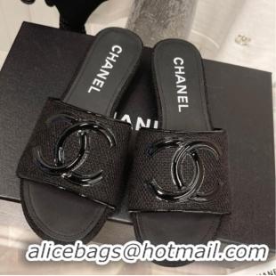 Best Quality Chanel Tweed Flat Slide Sandals Black 030512