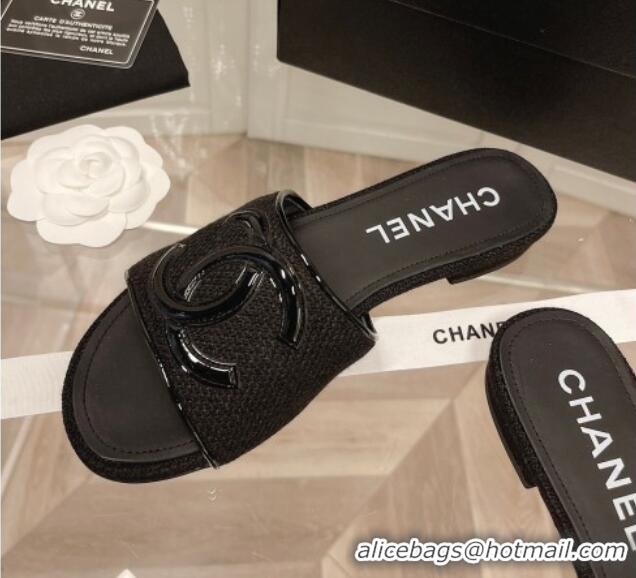 Best Quality Chanel Tweed Flat Slide Sandals Black 030512