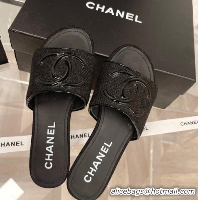 Best Quality Chanel Tweed Flat Slide Sandals Black 030512