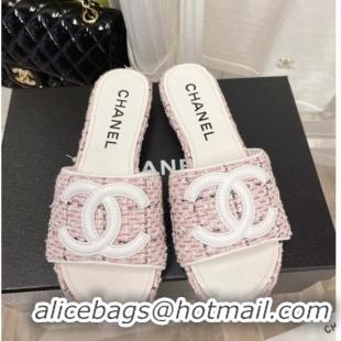 New Style Chanel Tweed Flat Slide Sandals Pink 030513