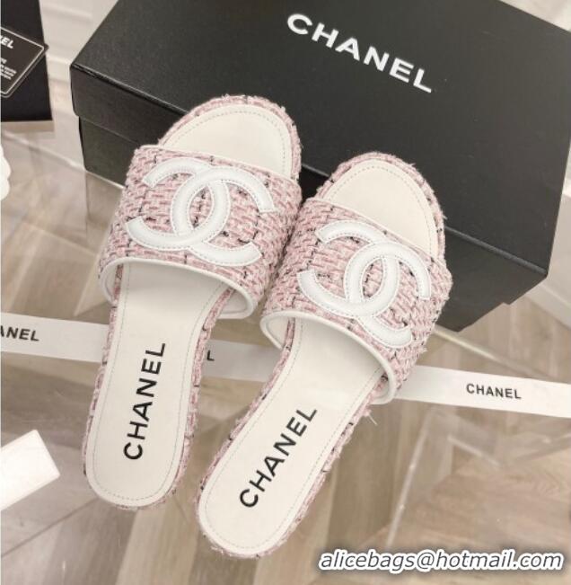 New Style Chanel Tweed Flat Slide Sandals Pink 030513