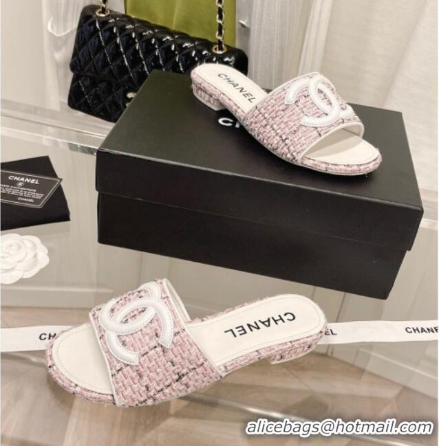 New Style Chanel Tweed Flat Slide Sandals Pink 030513