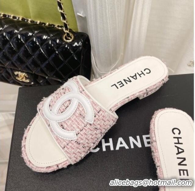 New Style Chanel Tweed Flat Slide Sandals Pink 030513