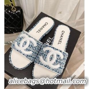 Discount Chanel Tweed Flat Slide Sandals Blue 030514