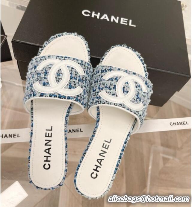 Discount Chanel Tweed Flat Slide Sandals Blue 030514