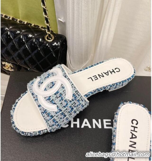 Discount Chanel Tweed Flat Slide Sandals Blue 030514