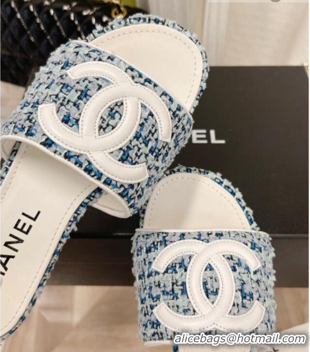 Discount Chanel Tweed Flat Slide Sandals Blue 030514