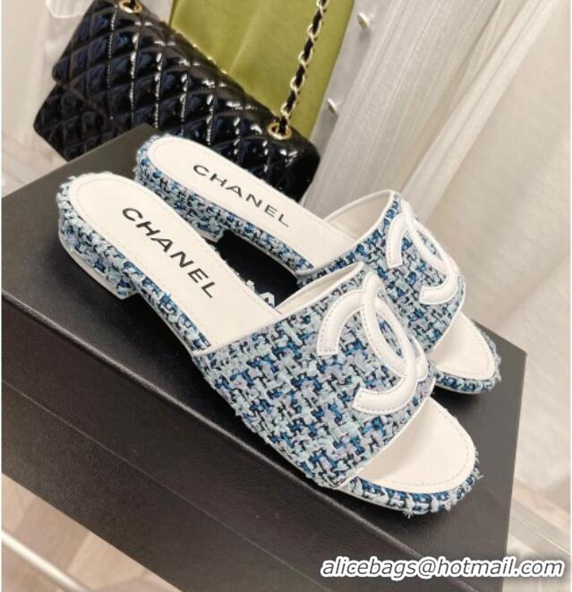 Discount Chanel Tweed Flat Slide Sandals Blue 030514