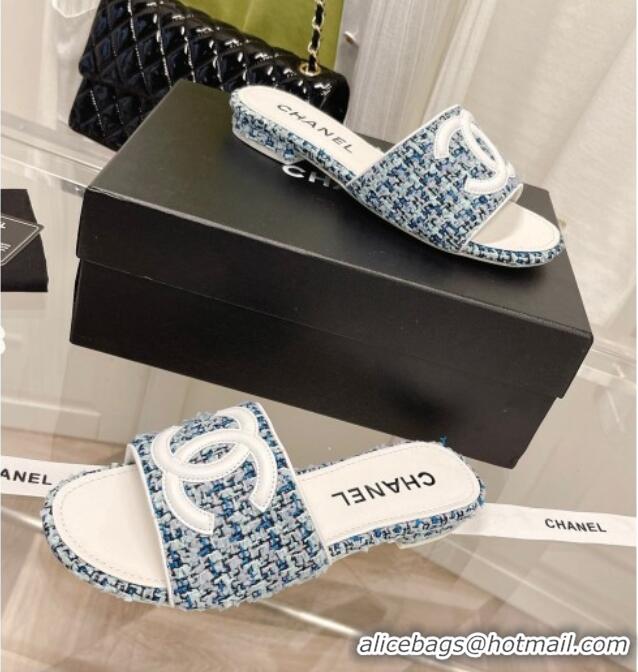 Discount Chanel Tweed Flat Slide Sandals Blue 030514