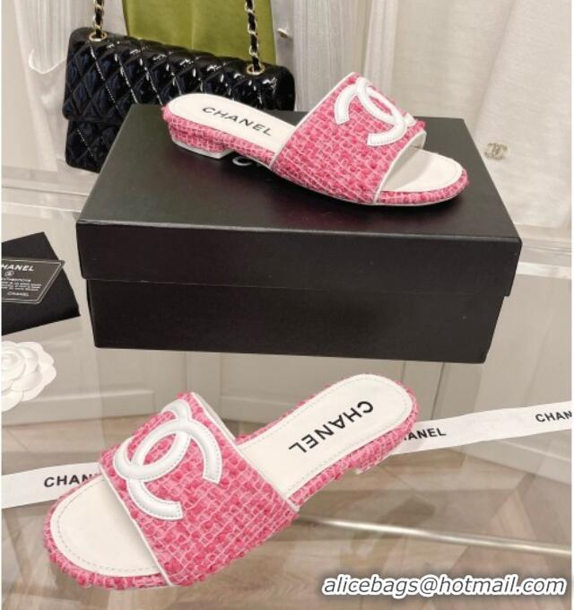 Classic Chanel Tweed Flat Slide Sandals Pink 030515