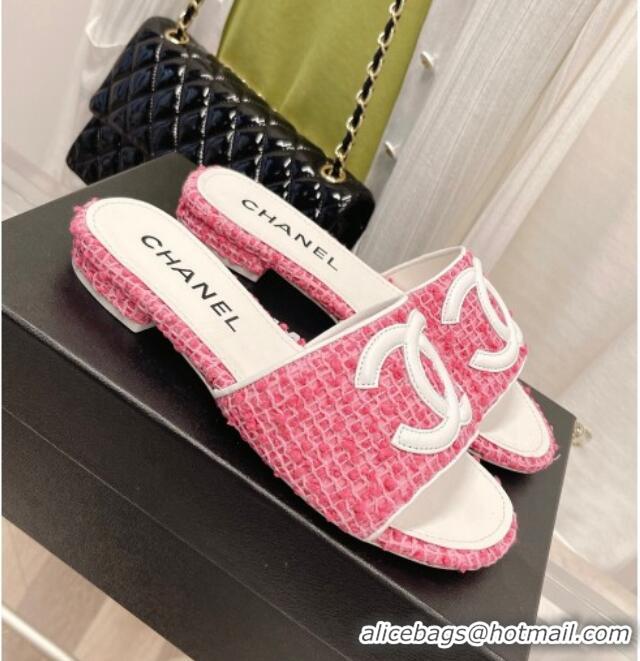 Classic Chanel Tweed Flat Slide Sandals Pink 030515