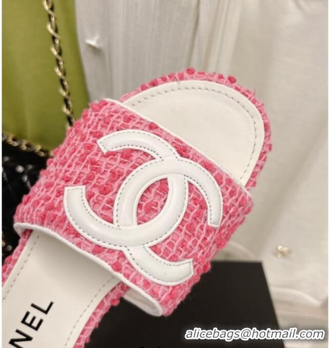 Classic Chanel Tweed Flat Slide Sandals Pink 030515