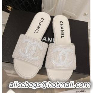 Grade Chanel Tweed Flat Slide Sandals 030515 White