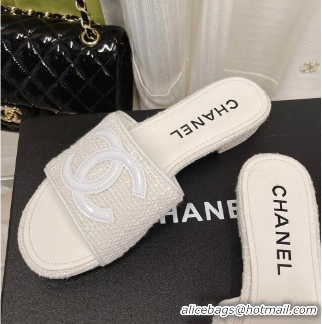 Grade Chanel Tweed Flat Slide Sandals 030515 White