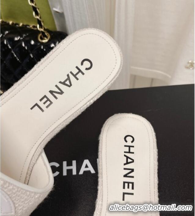 Grade Chanel Tweed Flat Slide Sandals 030515 White