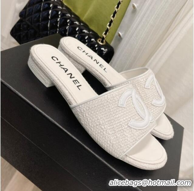 Grade Chanel Tweed Flat Slide Sandals 030515 White