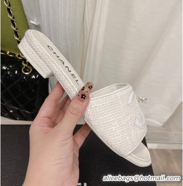 Grade Chanel Tweed Flat Slide Sandals 030515 White