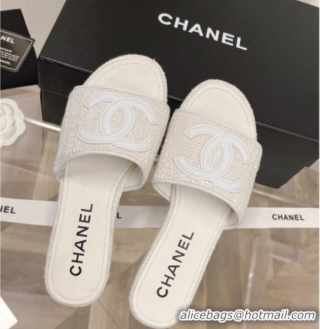 Grade Chanel Tweed Flat Slide Sandals 030515 White