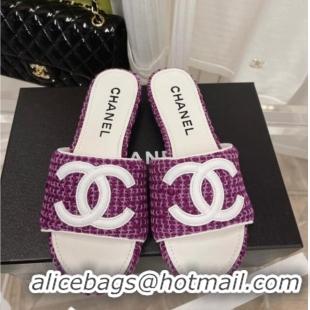 Top Grade Chanel Tweed Flat Slide Sandals 030515 Purple