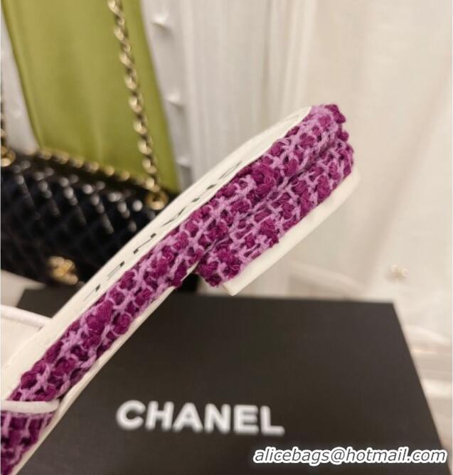 Top Grade Chanel Tweed Flat Slide Sandals 030515 Purple