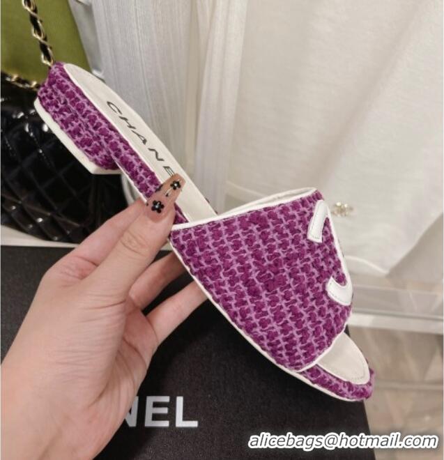 Top Grade Chanel Tweed Flat Slide Sandals 030515 Purple