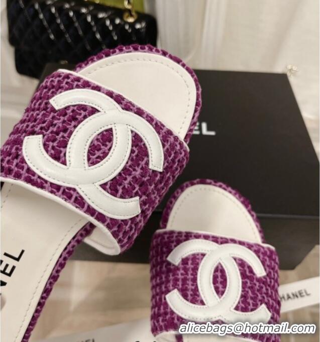 Top Grade Chanel Tweed Flat Slide Sandals 030515 Purple