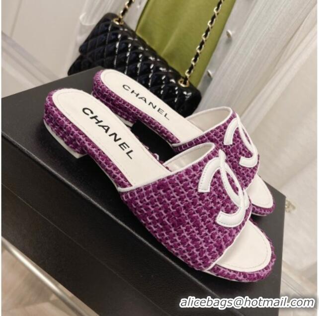 Top Grade Chanel Tweed Flat Slide Sandals 030515 Purple