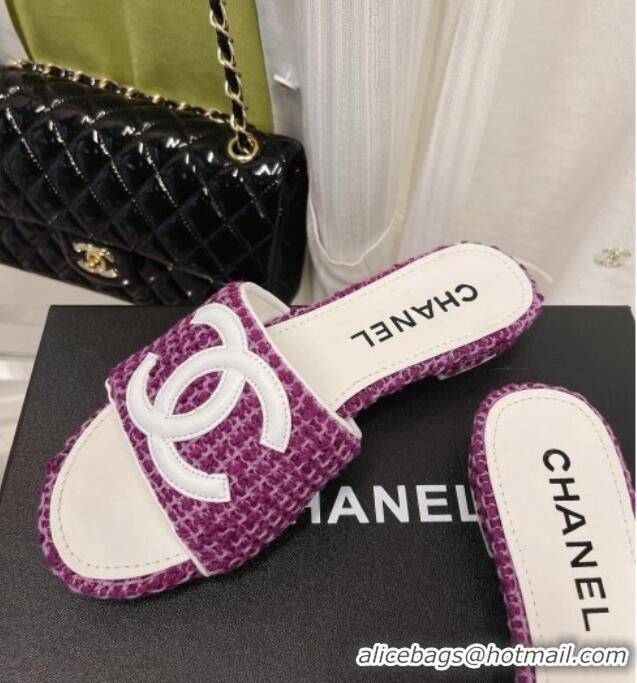 Top Grade Chanel Tweed Flat Slide Sandals 030515 Purple