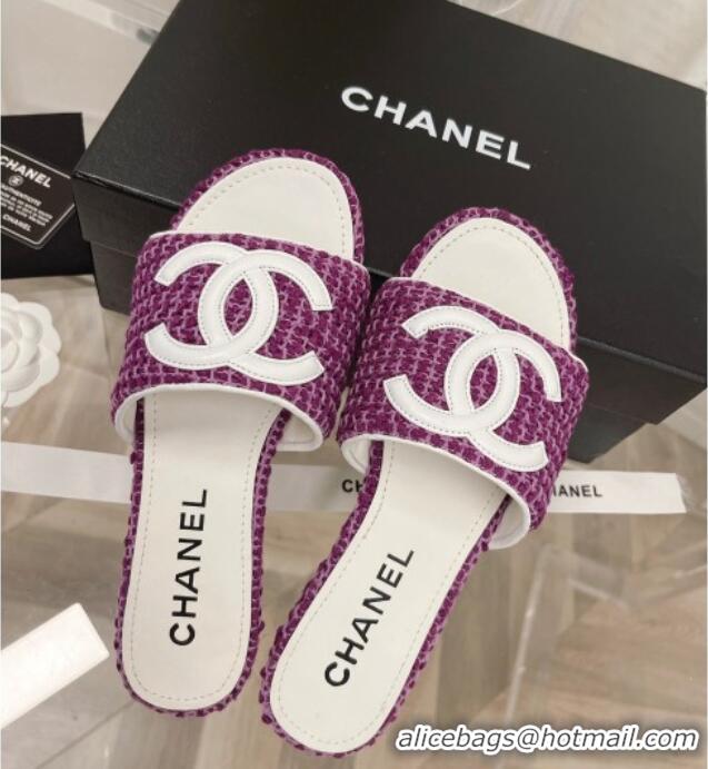 Top Grade Chanel Tweed Flat Slide Sandals 030515 Purple