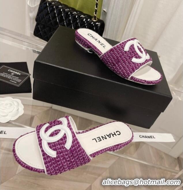 Top Grade Chanel Tweed Flat Slide Sandals 030515 Purple