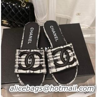 Perfect Chanel Tweed Flat Slide Sandals 030515 Black/White