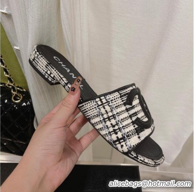 Perfect Chanel Tweed Flat Slide Sandals 030515 Black/White