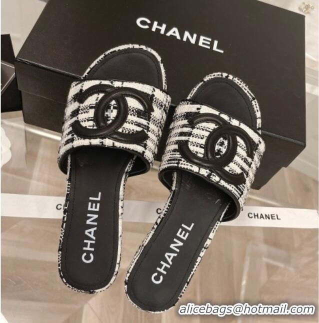 Perfect Chanel Tweed Flat Slide Sandals 030515 Black/White