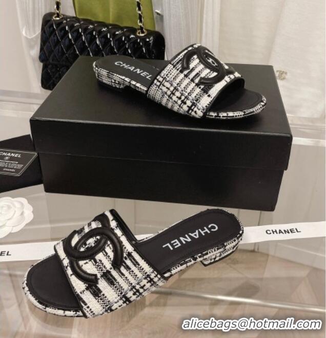 Perfect Chanel Tweed Flat Slide Sandals 030515 Black/White