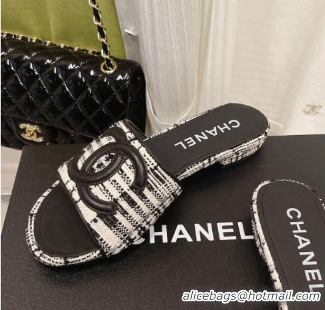 Perfect Chanel Tweed Flat Slide Sandals 030515 Black/White