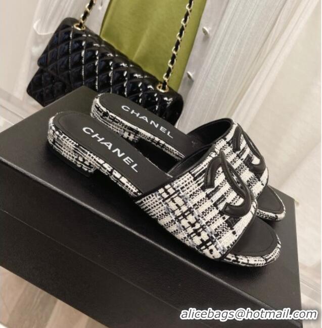 Perfect Chanel Tweed Flat Slide Sandals 030515 Black/White